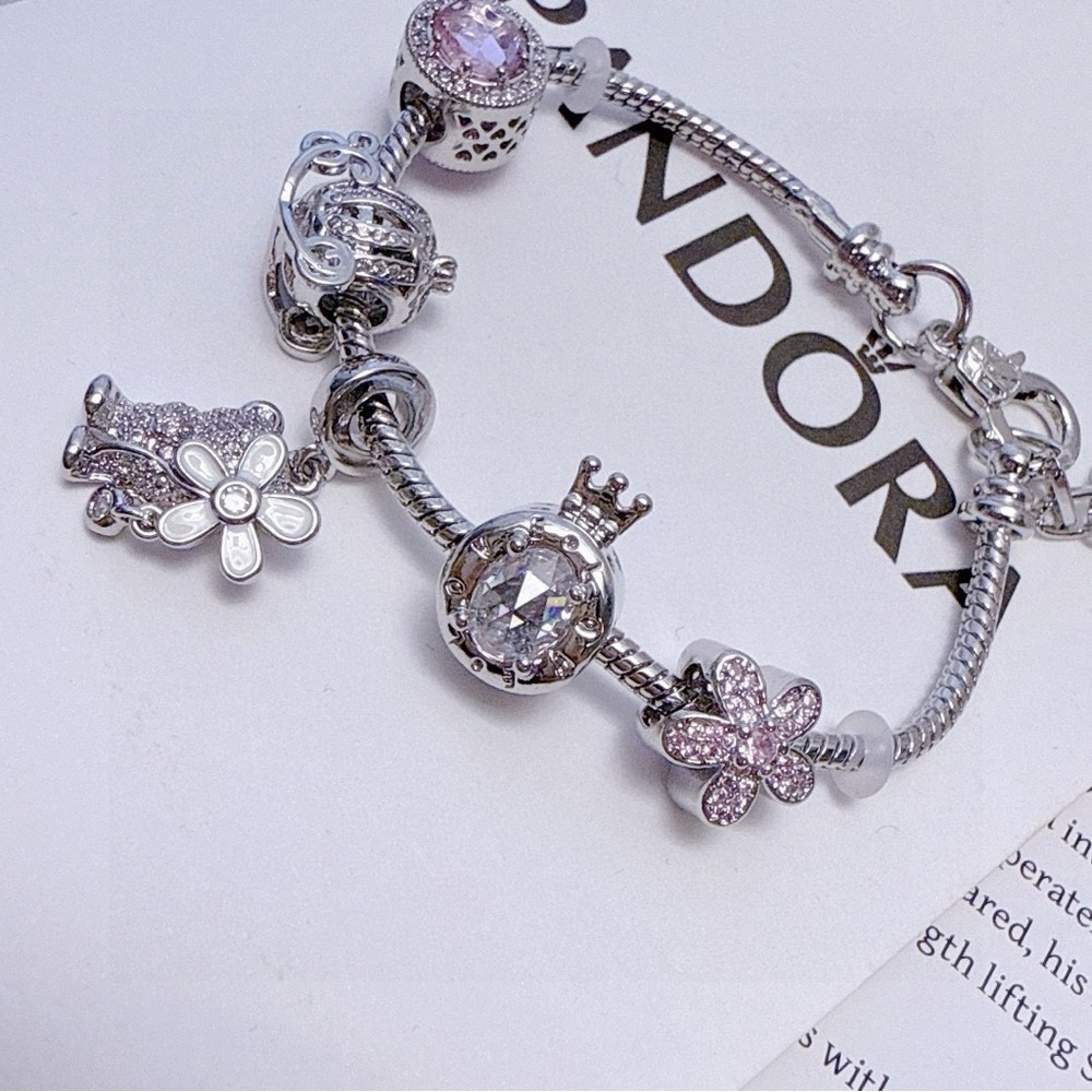Pandora Silver Bracelet with Pink Floral Charms